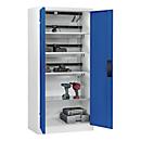 C+P Akkuladeschrank Acurado, abschließbar, mit Lüftung + Inneneinrichtung, B 930 x T 500 x H 1950 mm, Stahl, enzianblau RAL 5010/lichtgrau RAL 7035
