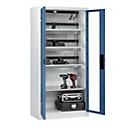 C+P Akkuladeschrank Acurado, abschließbar, mit Lüftung + Inneneinrichtung, B 930 x T 500 x H 1950 mm, Stahl, fernblau RAL 5023/lichtgrau RAL 7035