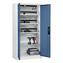 C+P Akkuladeschrank Acurado, abschließbar, mit Lüftung + Inneneinrichtung, B 930 x T 500 x H 1950 mm, Stahl, fernblau RAL 5023/lichtgrau RAL 7035