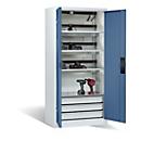 C+P Akkuladeschrank Acurado, abschließbar, mit Lüftung + Inneneinrichtung, B 930 x T 500 x H 1950 mm, Stahl, fernblau RAL 5023/lichtgrau RAL 7035