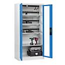 C+P Akkuladeschrank Acurado, abschließbar, mit Lüftung + Inneneinrichtung, B 930 x T 500 x H 1950 mm, Stahl, lichtblau RAL 5012/lichtgrau RAL 7035