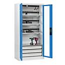 C+P Akkuladeschrank Acurado, abschließbar, mit Lüftung + Inneneinrichtung, B 930 x T 500 x H 1950 mm, Stahl, lichtblau RAL 5012/lichtgrau RAL 7035