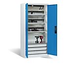 C+P Akkuladeschrank Acurado, abschließbar, mit Lüftung + Inneneinrichtung, B 930 x T 500 x H 1950 mm, Stahl, lichtblau RAL 5012/lichtgrau RAL 7035
