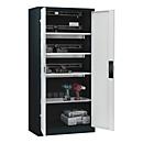 C+P Akkuladeschrank Acurado, abschließbar, mit Lüftung + Inneneinrichtung, B 930 x T 500 x H 1950 mm, Stahl, lichtgrau RAL 7035/anthrazitgrau RAL 7016