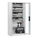 C+P Akkuladeschrank Acurado, abschließbar, mit Lüftung + Inneneinrichtung, B 930 x T 500 x H 1950 mm, Stahl, lichtgrau RAL 7035/lichtgrau RAL 7035