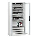 C+P Akkuladeschrank Acurado, abschließbar, mit Lüftung + Inneneinrichtung, B 930 x T 500 x H 1950 mm, Stahl, lichtgrau RAL 7035/lichtgrau RAL 7035