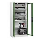 C+P Akkuladeschrank Acurado, abschließbar, mit Lüftung + Inneneinrichtung, B 930 x T 500 x H 1950 mm, Stahl, resedagrün RAL 6011/lichtgrau RAL 7035