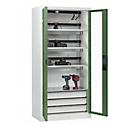 C+P Akkuladeschrank Acurado, abschließbar, mit Lüftung + Inneneinrichtung, B 930 x T 500 x H 1950 mm, Stahl, resedagrün RAL 6011/lichtgrau RAL 7035