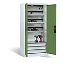 C+P Akkuladeschrank Acurado, abschließbar, mit Lüftung + Inneneinrichtung, B 930 x T 500 x H 1950 mm, Stahl, resedagrün RAL 6011/lichtgrau RAL 7035