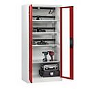 C+P Akkuladeschrank Acurado, abschließbar, mit Lüftung + Inneneinrichtung, B 930 x T 500 x H 1950 mm, Stahl, rubinrot RAL 3003/lichtgrau RAL 7035