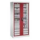 C+P Akkuladeschrank Acurado, abschließbar, mit Lüftung + Inneneinrichtung, B 930 x T 500 x H 1950 mm, Stahl, rubinrot RAL 3003/lichtgrau RAL 7035