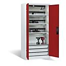 C+P Akkuladeschrank Acurado, abschließbar, mit Lüftung + Inneneinrichtung, B 930 x T 500 x H 1950 mm, Stahl, rubinrot RAL 3003/lichtgrau RAL 7035