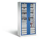 C+P Comfort acculaadkast met acrylglas doorkijkvenster, H 1950 x B 930 x D 500 mm, lichtgrijs/ gentiaanblauw