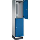 C+P Doppelstöckiger Spind Cambio, 1 Abteil, 2 Fächer, mit Sockel, B 400 x T 525 x H 1980 mm, weißaluminium/enzianblau