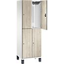 C+P Doppelstöckiger Spind Cambio, 2 Abteile, 4 Fächer, auf Füßen, B 600 x T 525 x H 1980 mm, verkehrsweiß/Sen Esche‑Dekor