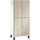 C+P Doppelstöckiger Spind Cambio, 2 Abteile, 4 Fächer, auf Füßen, B 800 x T 525 x H 1980 mm, verkehrsweiß/Sen Esche‑Dekor