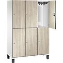 C+P Doppelstöckiger Spind Cambio, 3 Abteile, 6 Fächer, auf Füßen, B 1200 x T 525 x H 1980 mm, verkehrsweiß/Sen Esche‑Dekor