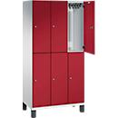 C+P Doppelstöckiger Spind Cambio, 3 Abteile, 6 Fächer, auf Füßen, B 900 x T 525 x H 1980 mm, lichtgrau/rubinrot
