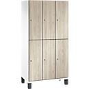 C+P Doppelstöckiger Spind Cambio, 3 Abteile, 6 Fächer, auf Füßen, B 900 x T 525 x H 1980 mm, verkehrsweiß/Sen Esche‑Dekor