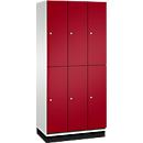 C+P Doppelstöckiger Spind Cambio, 3 Abteile, 6 Fächer, mit Sockel, B 900 x T 525 x H 1980 mm, lichtgrau/rubinrot