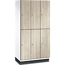 C+P Doppelstöckiger Spind Cambio, 3 Abteile, 6 Fächer, mit Sockel, B 900 x T 525 x H 1980 mm, verkehrsweiß/Sen Esche‑Dekor