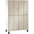 C+P Doppelstöckiger Spind Cambio, 4 Abteile, 8 Fächer, auf Füßen, B 1200 x T 525 x H 1980 mm, verkehrsweiß/Sen Esche-Dekor
