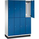 C+P Doppelstöckiger Spind Cambio, 4 Abteile, 8 Fächer, mit Sockel, B 1200 x T 525 x H 1980 mm, lichtgrau/enzianblau