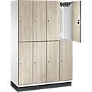 C+P Doppelstöckiger Spind Cambio, 4 Abteile, 8 Fächer, mit Sockel, B 1200 x T 525 x H 1980 mm, verkehrsweiß/Sen Esche-Dekor