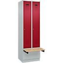 C+P Evolo Plus garderobekast, 2 vakken van elk 300 mm breed, sokkel, zwevende bank, B 600 x D 815 x H 1950 mm, cilinder, lichtgrijs/ruy rood