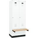 C+P Evolo Plus garderobekast, 2 vakken van elk 400 mm breed, plint, zwevende bank, B 800 x D 815 x H 1950 mm, cilinder, verkeerswit/verkeerswit