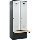 C+P Evolo Plus garderobekast, 2 vakken van elk 400 mm breed, sokkel, zwevende bank, B 800 x D 815 x H 1950 mm, draaibare grendel, antracietgrijs/lichtgrijs