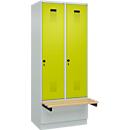 C+P Evolo Plus garderobekast, 2 vakken van elk 400 mm breed, sokkel, zwevende bank, B 800 x D 815 x H 1950 mm, draaischroef, lichtgrijs/kleedgroen