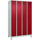 C+P Evolo Plus garderobekast, 4 vakken, 300 mm vakbreedte, met poten, rechts scharnierend, veiligheidsdraaigrendel, soft-close, inbraakwerend, B 1200 x D 500 x H 1950 mm, lichtgrijs RAL 7035/ruwe rood RAL 3003