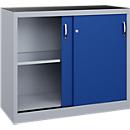 C + P gereedschapskast met schuifdeuren Acurado, B 1200 x D 500 x H 1000 mm, draagvermogen per legbord 110 kg, staal, blank aluminium/geniaanblauw