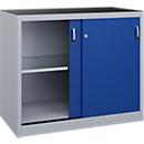 C + P gereedschapskast met schuifdeuren Acurado, B 1200 x D 600 x H 1000 mm, draagvermogen per legbord 70 kg, staal, blank aluminium/enzyanblauw