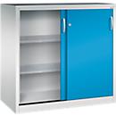 C + P gereedschapskast met schuifdeuren Acurado, B 1200 x D 600 x H 1200 mm, draagvermogen per legplank 70 kg, staal, lichtgrijs/lichtblauw