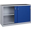 C + P gereedschapskast met schuifdeuren Acurado, B 1600 x D 500 x H 1000 mm, draagvermogen per legplank 70 kg, staal, blank aluminium/geniaanblauw
