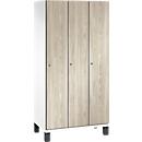 C+P locker Cambio, 3 vakken, op poten, B 900 x D 525 x H 1980 mm, verkeerswit/ essenhout decor
