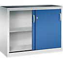 C + P Schiebetüren-Werkzeugschrank Acurado, B 1200 x T 500 x H 1000 mm, je Fachboden 70 kg, Stahl, lichtgrau/enzianblau