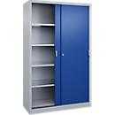 C + P Schiebetüren-Werkzeugschrank Acurado, B 1200 x T 500 x H 1950 mm, je Fachboden 70 kg, Stahl, weißaluminium/enzianblau