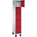 C+P Schließfachschrank Cambio, 1 Abteil, 5 Fächer, auf Füßen, B 300 x T 525 x H 1980 mm, lichtgrau/rubinrot
