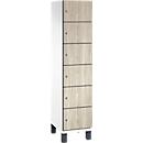 C+P Schließfachschrank Cambio, 1 Abteil, 6 Fächer, auf Füßen, B 400 x T 525 x H 1980 mm, verkehrsweiß/Sen Esche‑Dekor