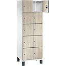 C+P Schließfachschrank Cambio, 2 Abteile, 10 Fächer, auf Füßen, B 600 x T 525 x H 1980 mm, verkehrsweiß/Sen Esche-Dekor