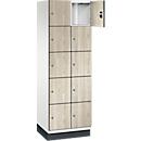 C+P Schließfachschrank Cambio, 2 Abteile, 10 Fächer, mit Sockel, B 600 x T 525 x H 1980 mm, verkehrsweiß/Sen Esche-Dekor