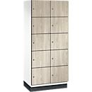 C+P Schließfachschrank Cambio, 2 Abteile, 10 Fächer, mit Sockel, B 800 x T 525 x H 1980 mm, verkehrsweiß/Sen Esche-Dekor