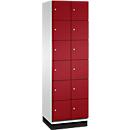C+P Schließfachschrank Cambio, 2 Abteile, 12 Fächer, mit Sockel, B 600 x T 525 x H 1980 mm, lichtgrau/rubinrot