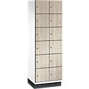 C+P Schließfachschrank Cambio, 2 Abteile, 12 Fächer, mit Sockel, B 600 x T 525 x H 1980 mm, verkehrsweiß/Sen Esche‑Dekor