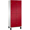 C+P Schließfachschrank Cambio, 2 Abteile, 8 Fächer, auf Füßen, B 800 x T 525 x H 1980 mm, lichtgrau/rubinrot