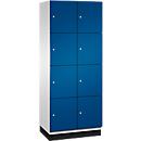 C+P Schließfachschrank Cambio, 2 Abteile, 8 Fächer, mit Sockel, B 800 x T 525 x H 1980 mm, lichtgrau/enzianblau