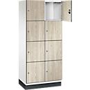 C+P Schließfachschrank Cambio, 2 Abteile, 8 Fächer, mit Sockel, B 800 x T 525 x H 1980 mm, verkehrsweiß/Sen Esche‑Dekor
